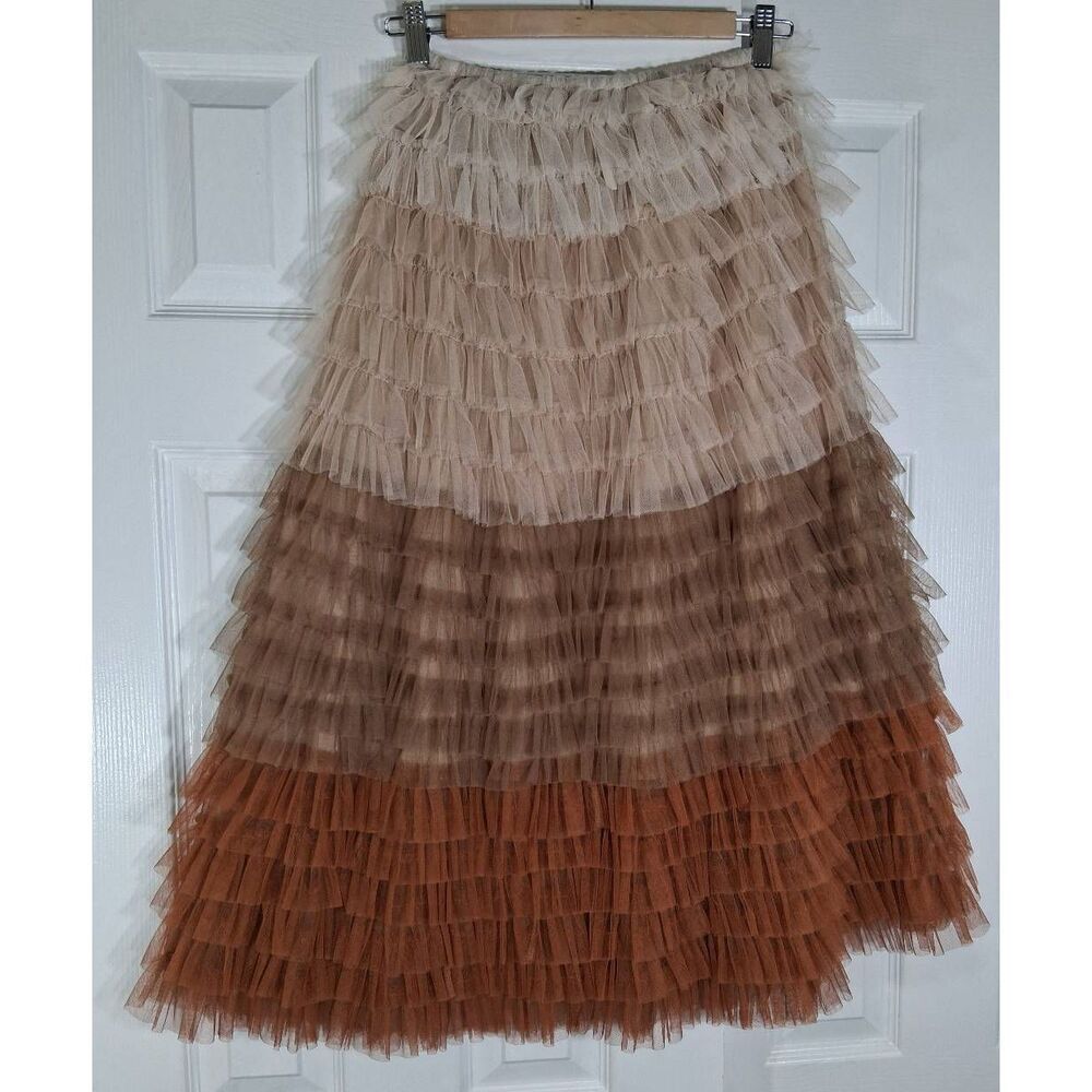 Aura womens medium maxi tulle long skirt tiered rust copper brown size 26 waist